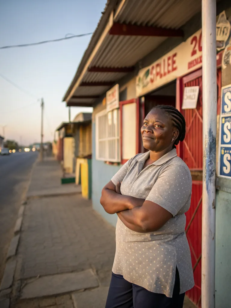 A woman stands outside the small shop she runs on a South African high street.