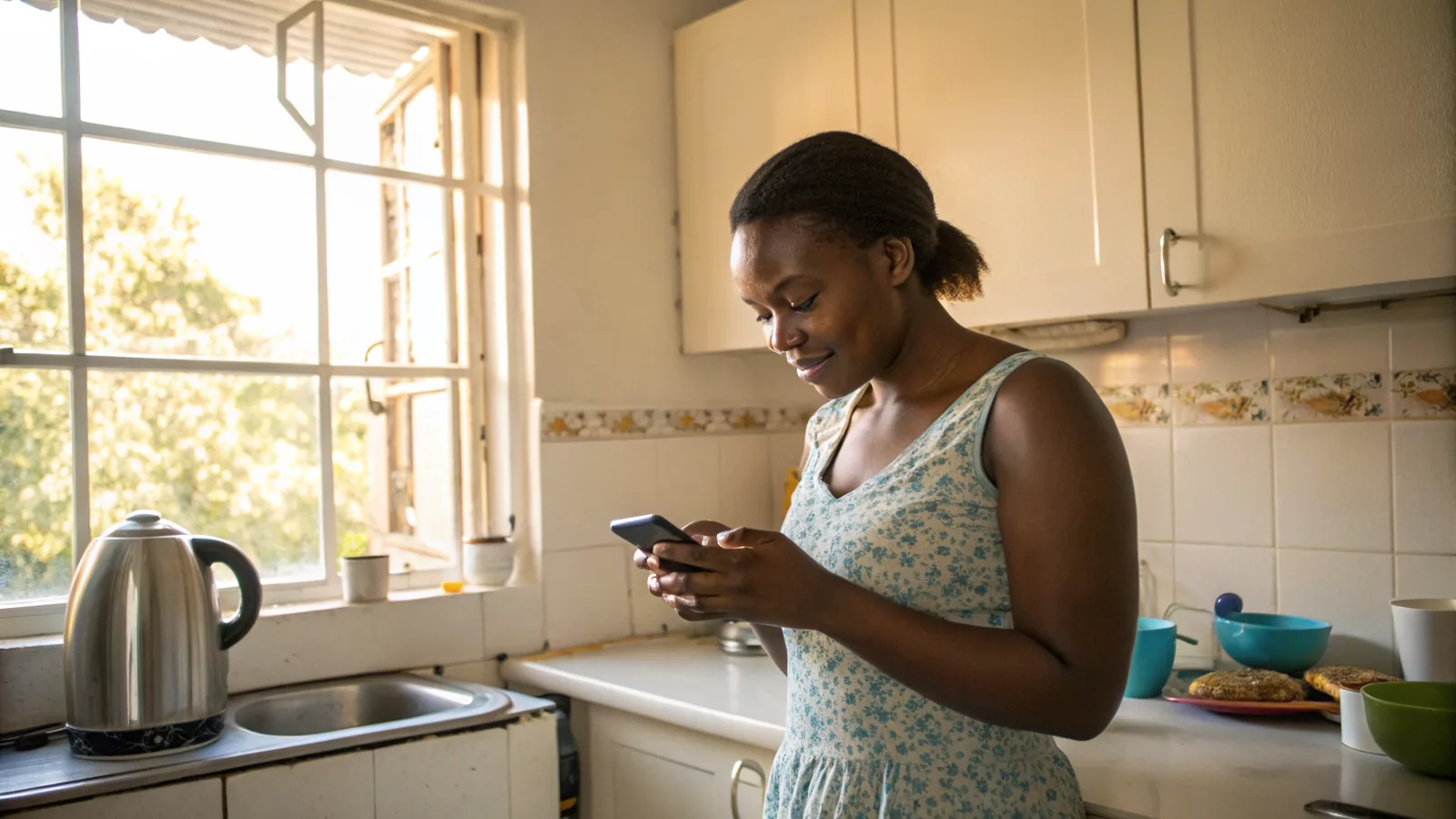 A woman checks her phone in her kitchen at home in the morning light.