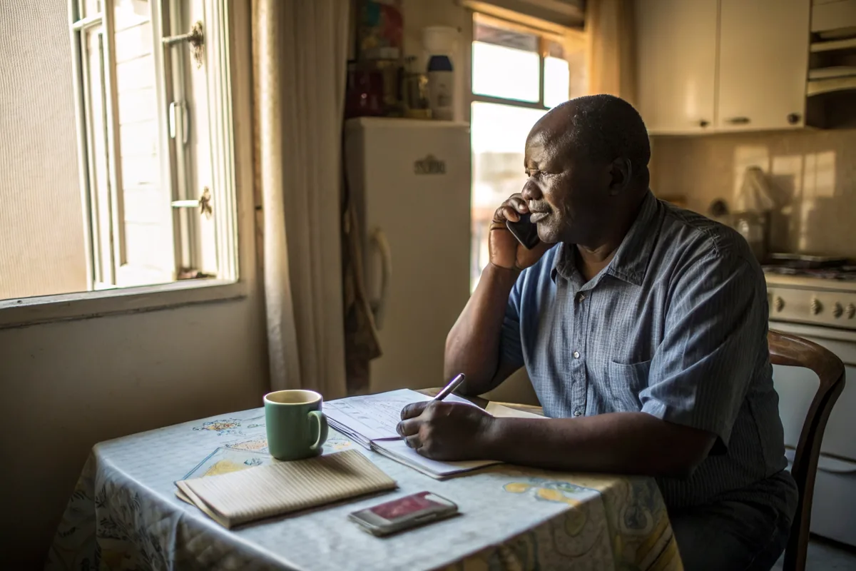 A man talks to a support agent on the phone at his dining table, making notes.
